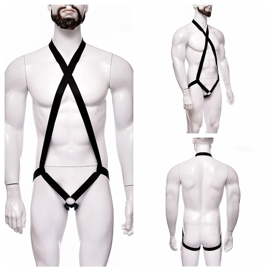 Male Lingerie Halter Body Harness Set Hollow Out Mens Elastic Chest Strap Bodysuit One Size