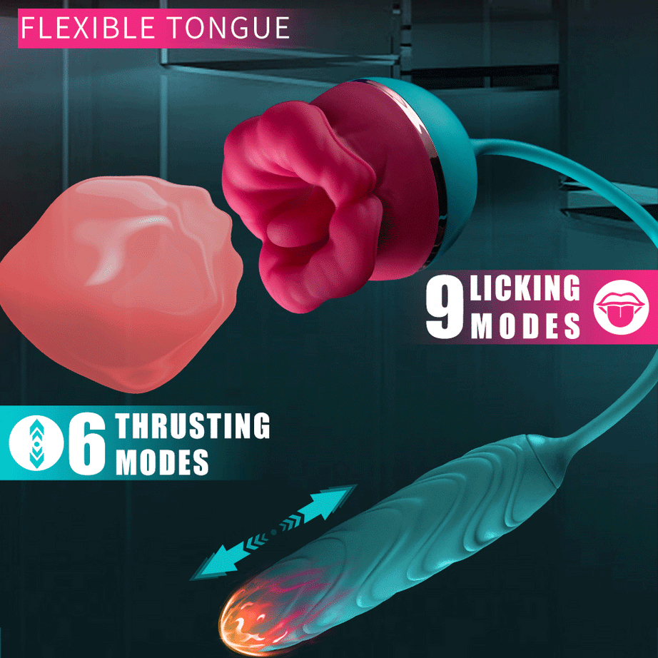 Rose 2 in 1 Tongue Licking Clitoris Stimulator and telescoping thrusting