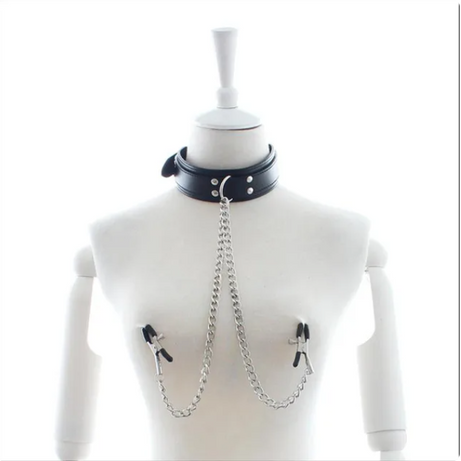 Black Leather Silver Chain Nipple Clamps Choker Necklace