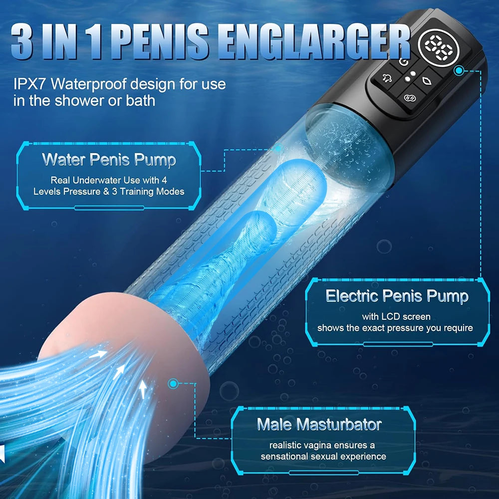 Pompe à pénis à eau automatique, jouet sexuel, masturbateur masculin, tasse électrique, masseur d'entraînement du pénis pour une érection plus forte et plus grande